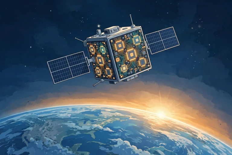 A satellite with glowing AI chip panels orbiting above Earth at sunrise