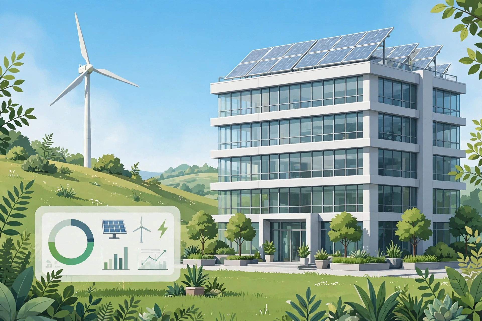 Modern building with solar panels and a wind turbine illustrating green technology services