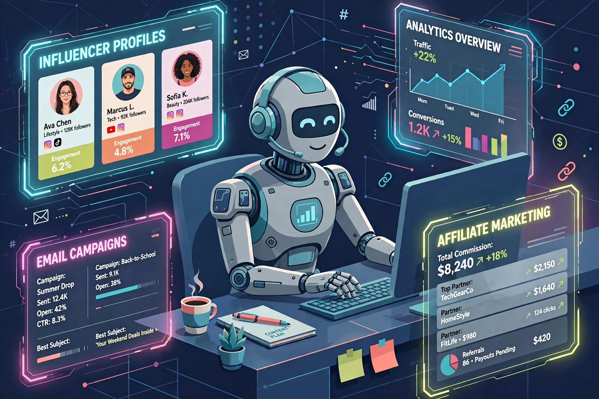 AI robot marketer running influencer and email campaigns from holographic dashboards