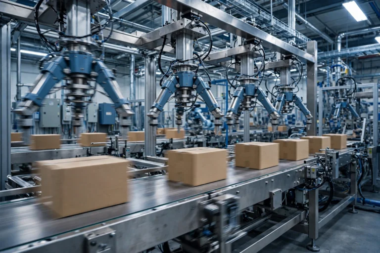 High speed automation machines with robotic pick-and-place arms on a fast factory packaging line
