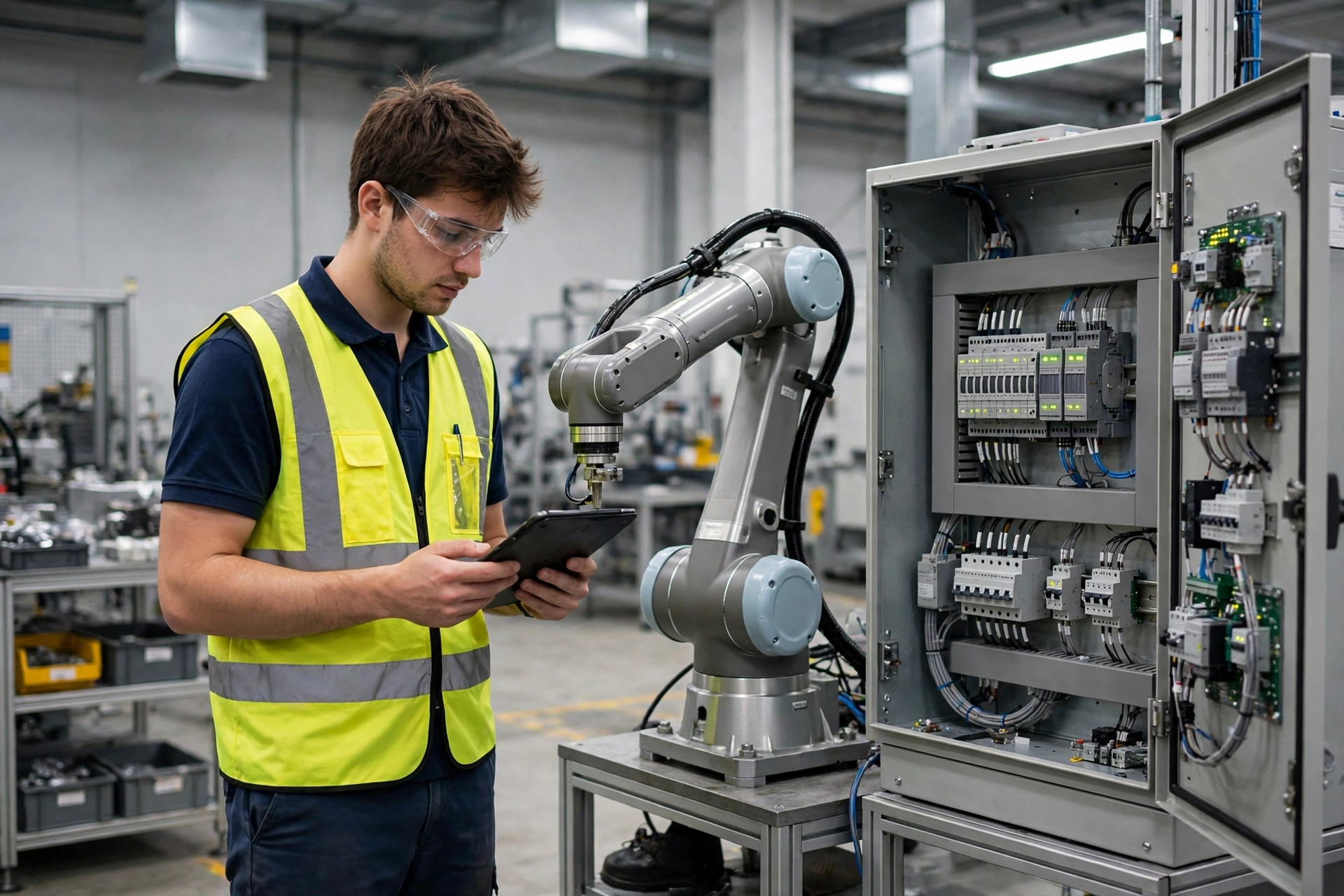 Automation engineer checking a robotic arm and control panel in a modern factory