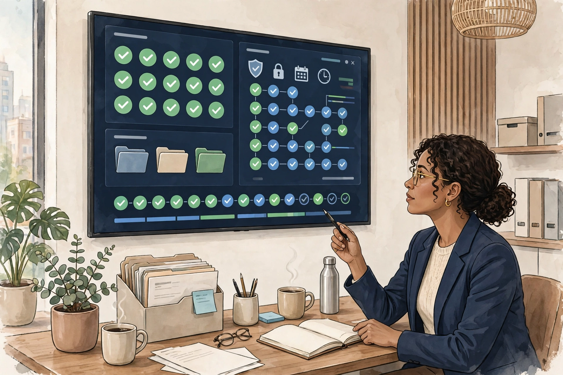 HR professional reviewing an automated compliance dashboard with audit checkmarks and document records