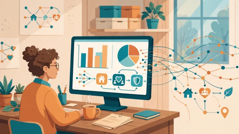 Illustration of AI-powered analytics helping a social care team prioritise cases on a dashboard