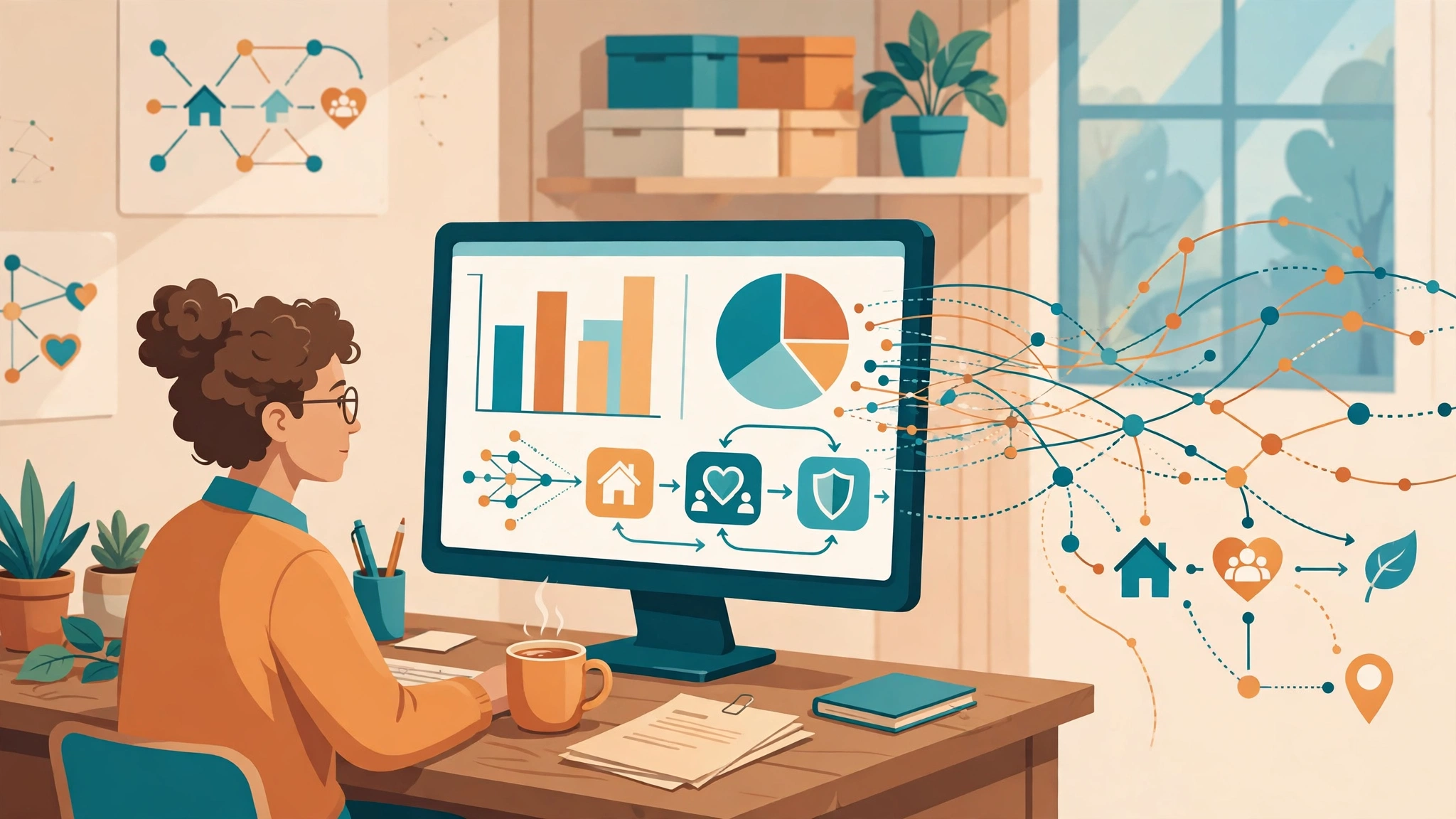 Illustration of AI-powered analytics helping a social care team prioritise cases on a dashboard