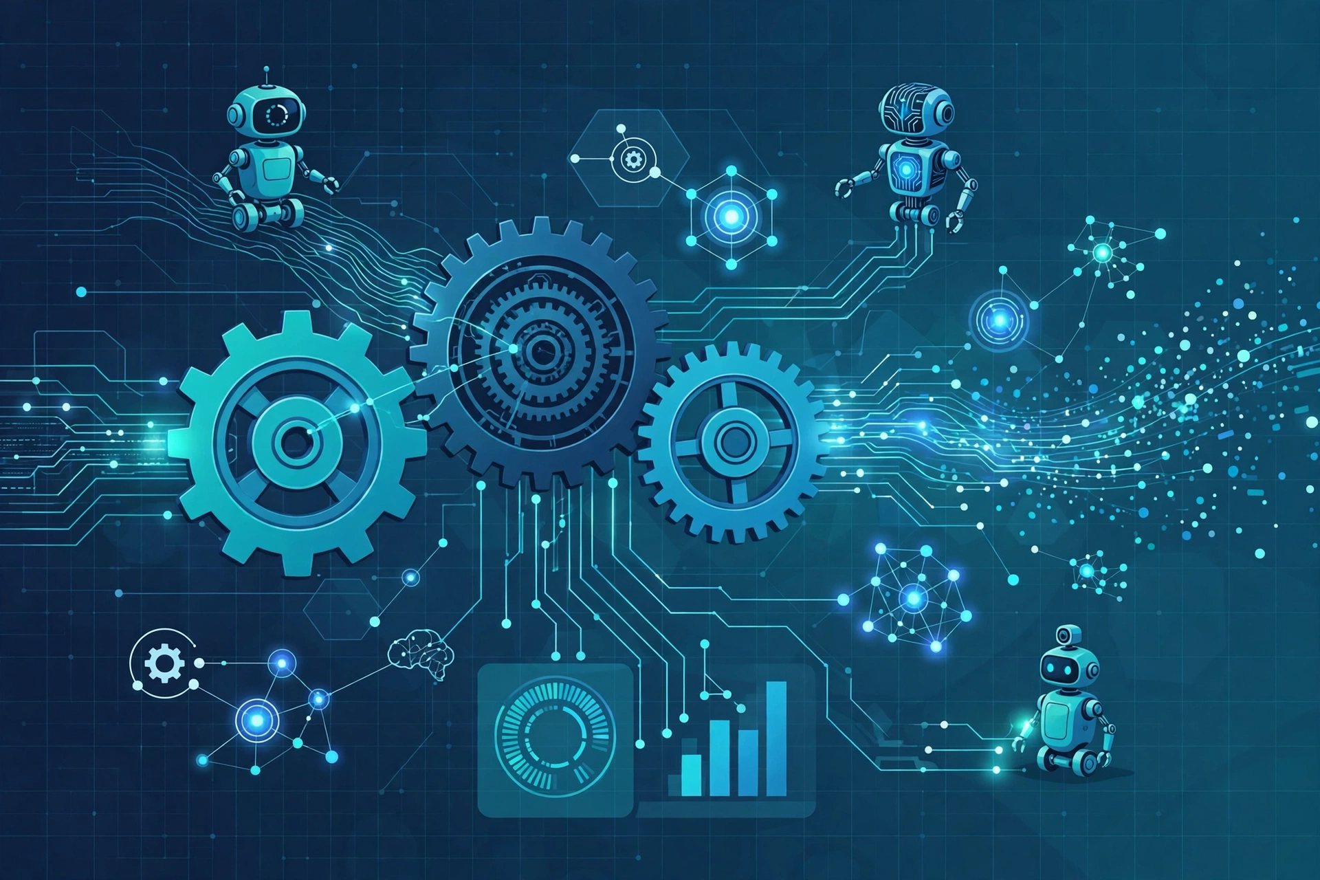 Illustration of interconnected gears, robots and AI nodes representing hyperautomation platforms