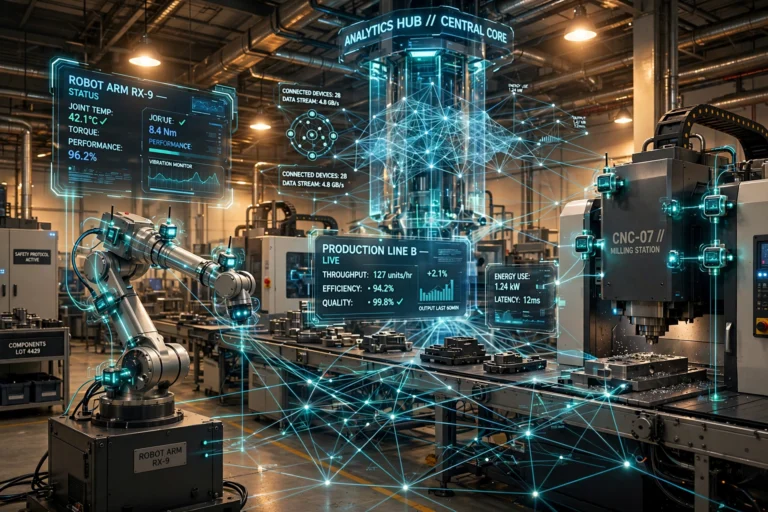 Smart factory with robot arm and IoT sensor dashboards monitoring production in real time