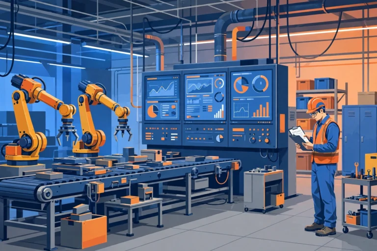 Engineer reviewing a project plan beside robotic arms and SCADA control panels on an automated factory floor