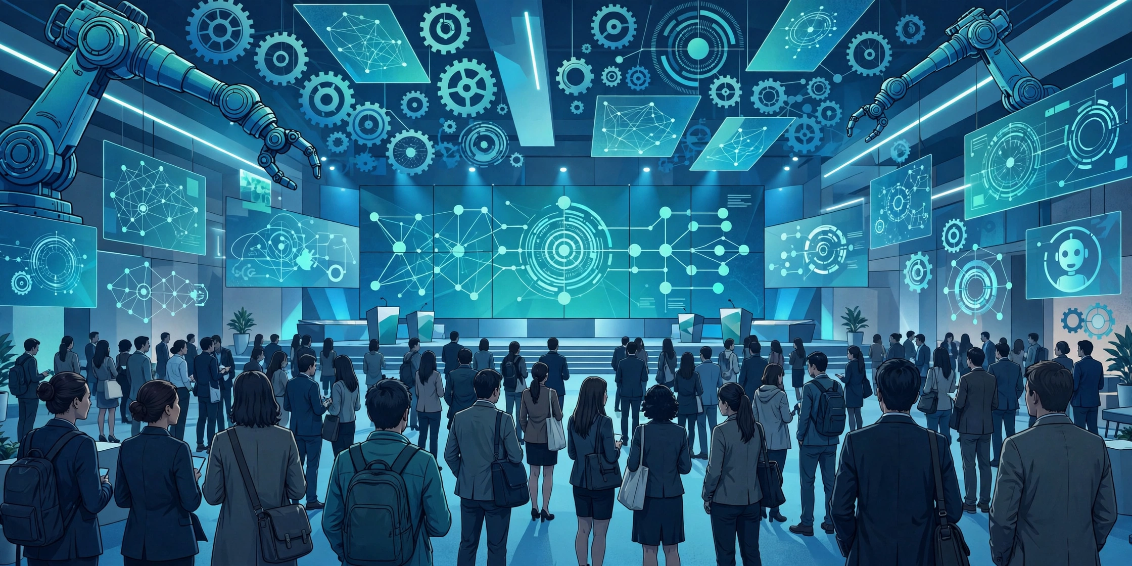 Illustration of an intelligent automation conference hall with professionals, robot arms, and automation dashboards