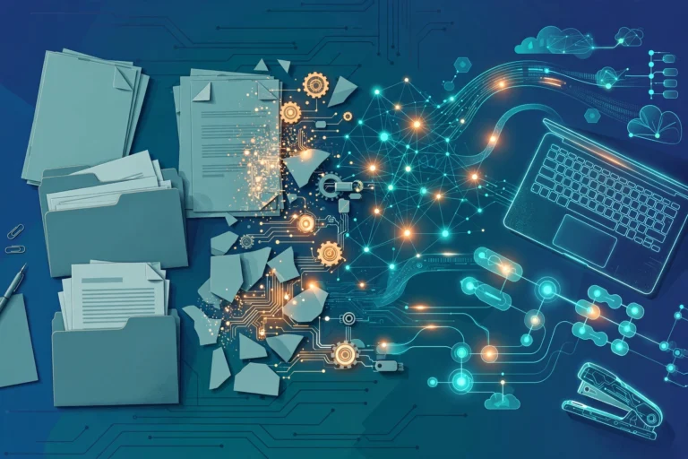 Documents transforming into automated digital workflows with AI neural nodes and RPA gears