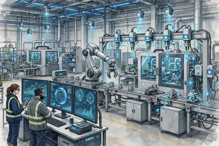 Connected factory machines with sensors and data dashboards on an industrial production line