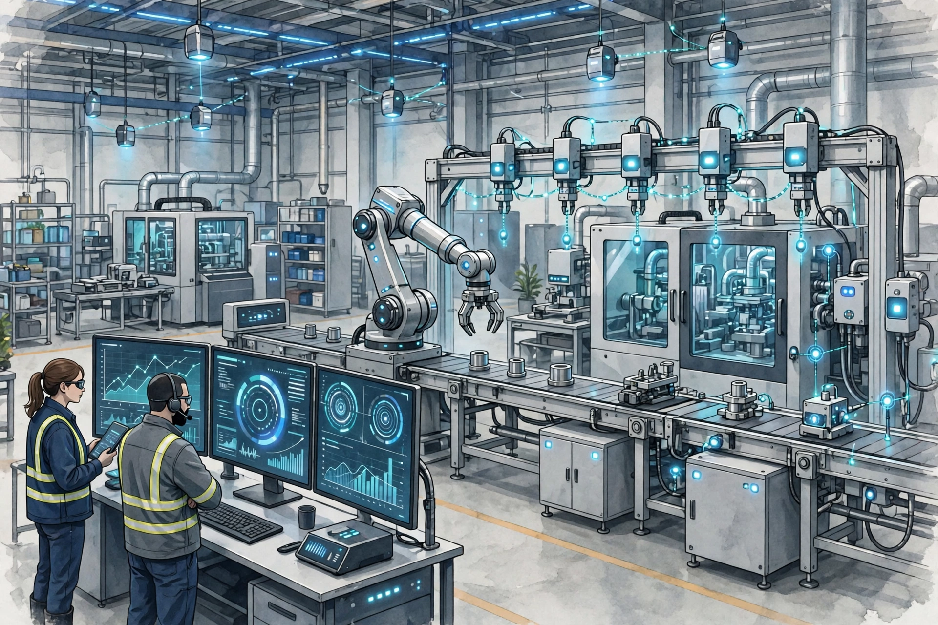 Connected factory machines with sensors and data dashboards on an industrial production line