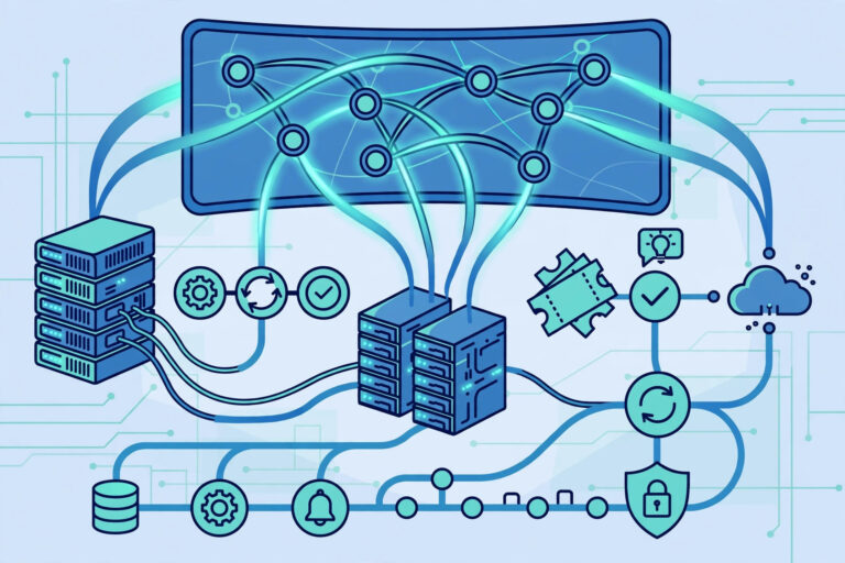IT process automation tools dashboard with connected workflow nodes and servers