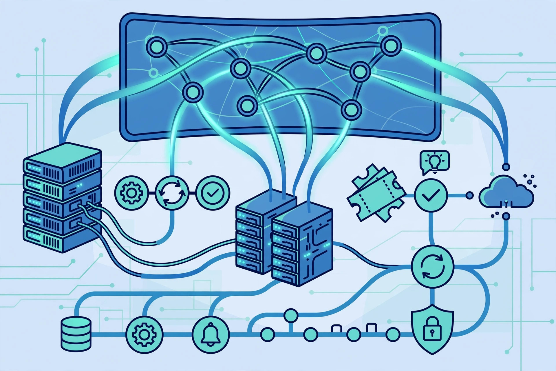 IT process automation tools dashboard with connected workflow nodes and servers