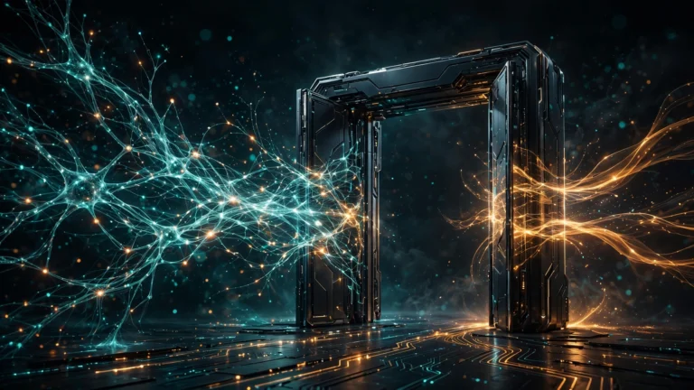 Glowing AI code and neural pathways flowing into an open gateway, illustrating Moonshot AI's Kimi K3.1 Pro