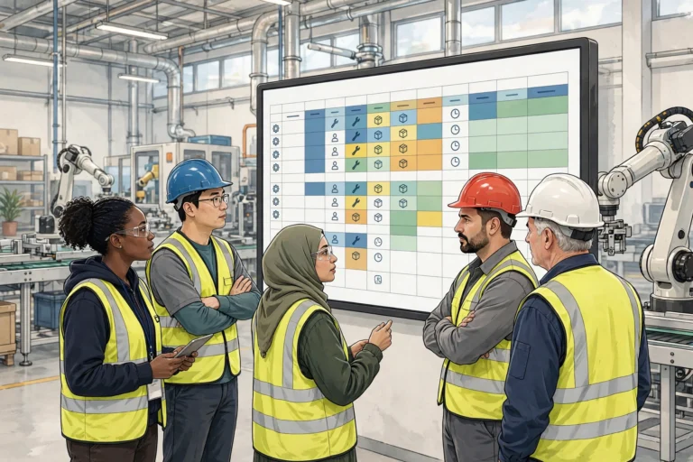 Factory team reviewing a digital workforce schedule board during shift planning