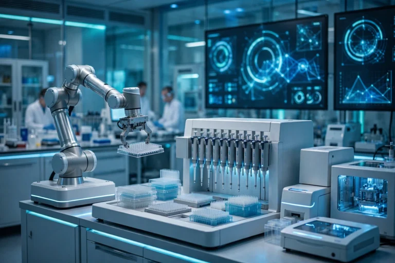 Robotic arm transferring microplates in a modern life sciences laboratory with digital workflow dashboards