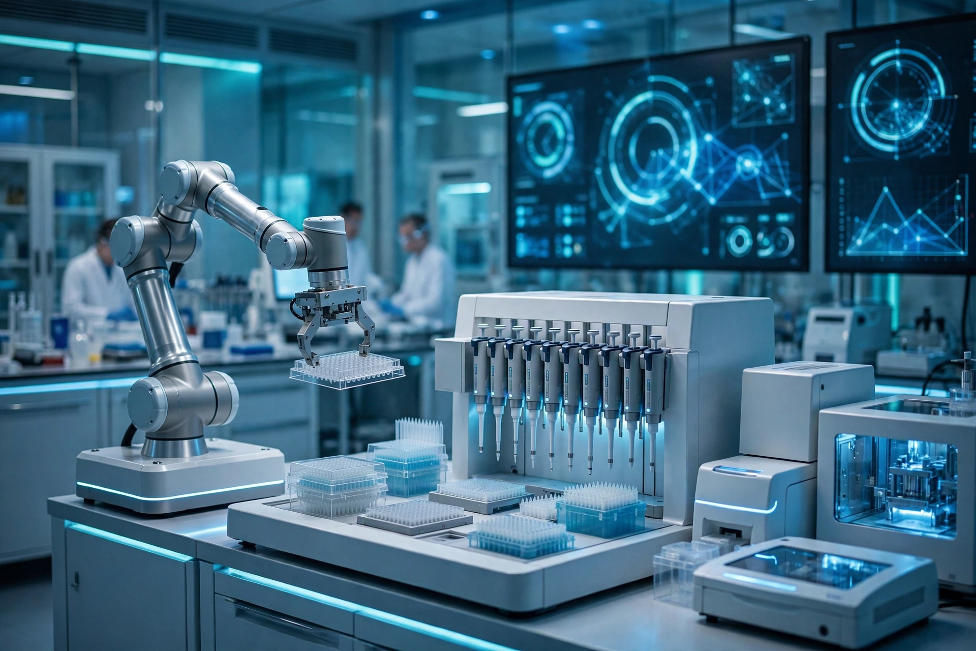 Robotic arm transferring microplates in a modern life sciences laboratory with digital workflow dashboards