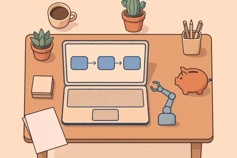 Small business desk with a laptop showing an automation workflow diagram and a piggy bank