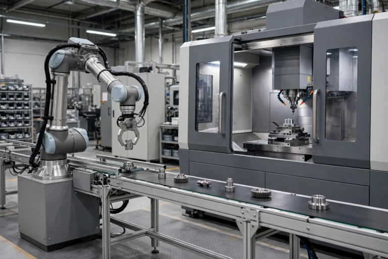 Automated factory floor with a robotic arm, CNC machine and conveyor line