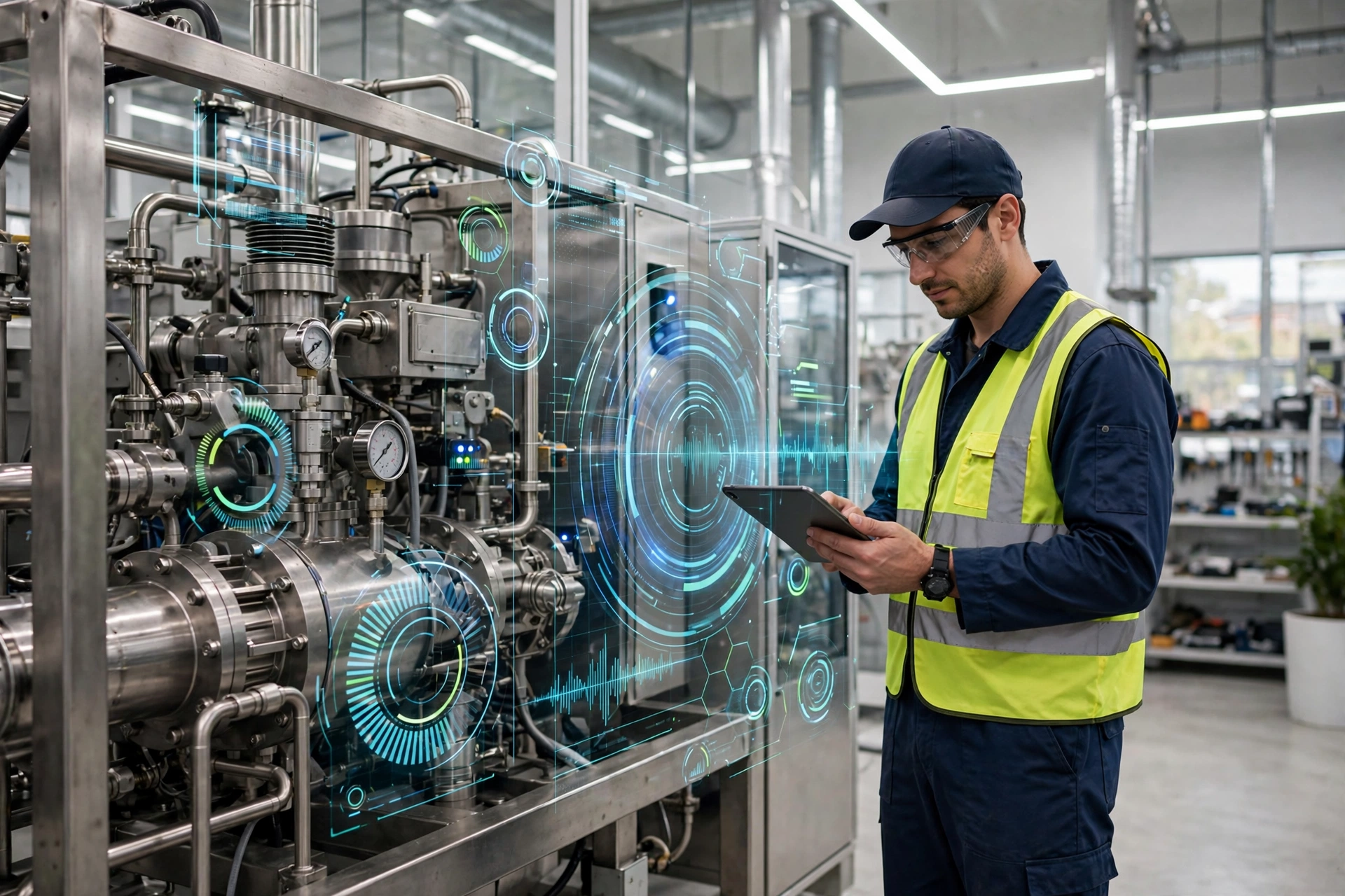Technician with tablet beside industrial machinery with equipment health dashboard overlays