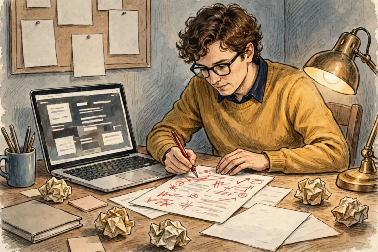 Illustration of a writer editing an AI-generated draft with a red pen beside a laptop
