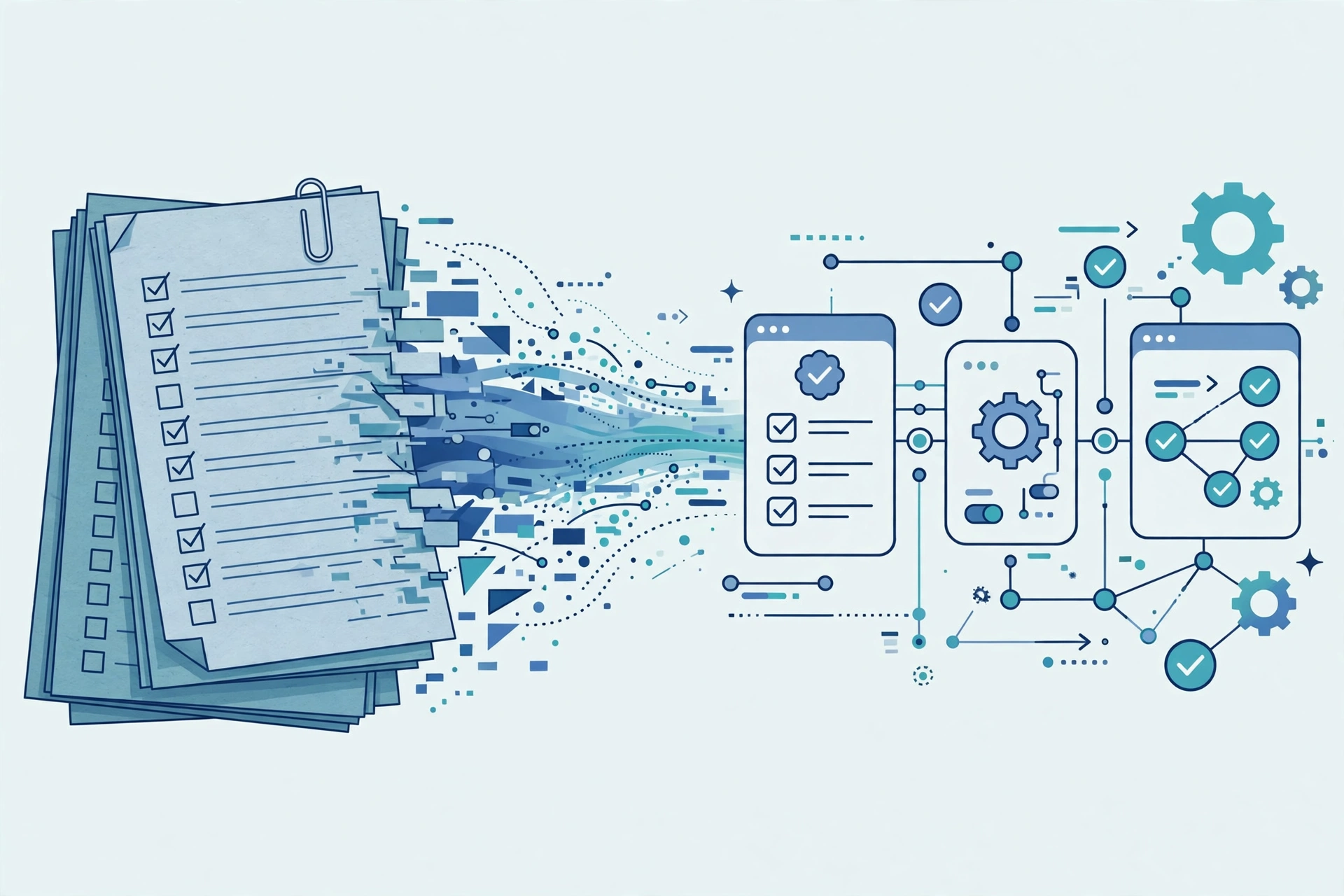 Paper forms transforming into a streamlined digital workflow with connected apps and checkmarks