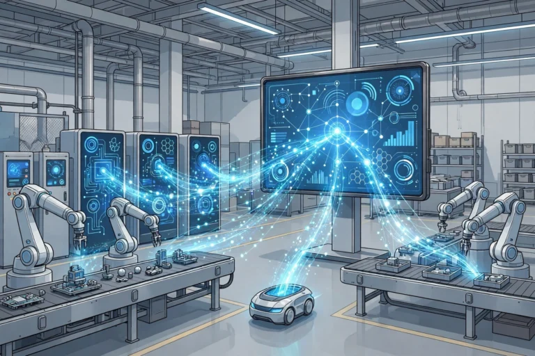 Smart factory floor with robotic arms and a central dashboard connected by data streams