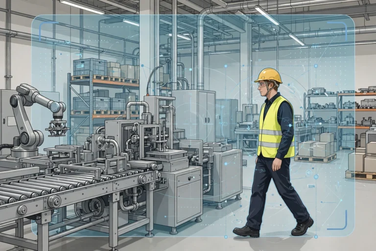 Factory worker in safety helmet and high-visibility vest walking near machinery on a modern factory floor