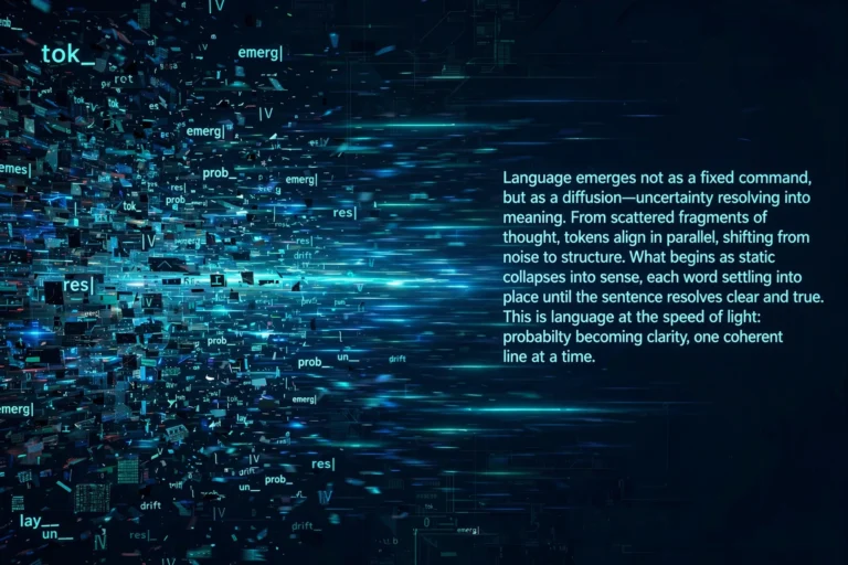 Mercury 3 diffusion LLM: parallel text tokens resolving from digital static into clean text
