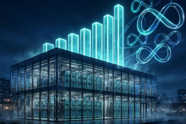 Illustration of a glass data center with glowing server racks and rising bars symbolizing Meta's AI investment
