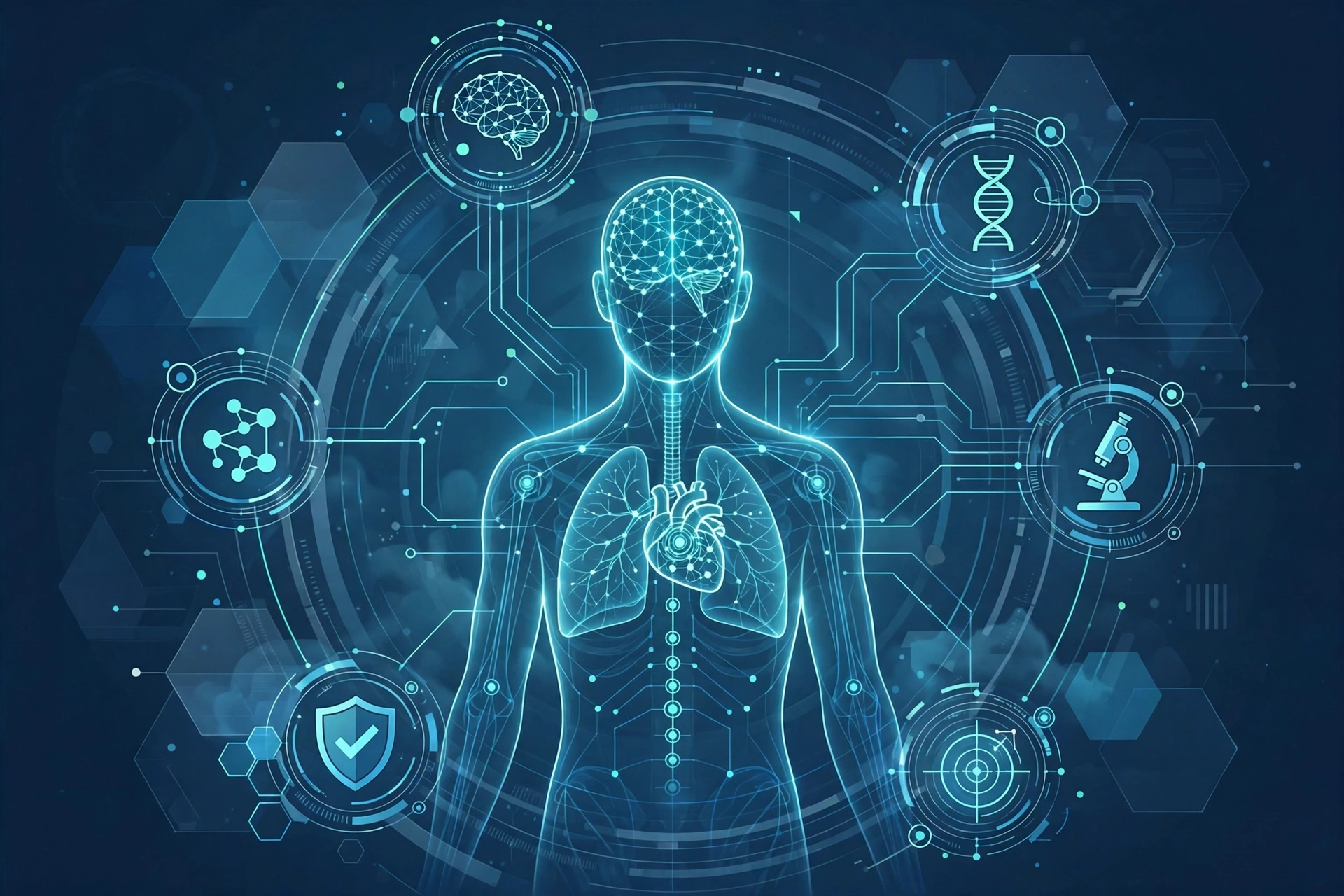 AI diagnostic panel concept with a digital patient scan and collaborating AI agent nodes