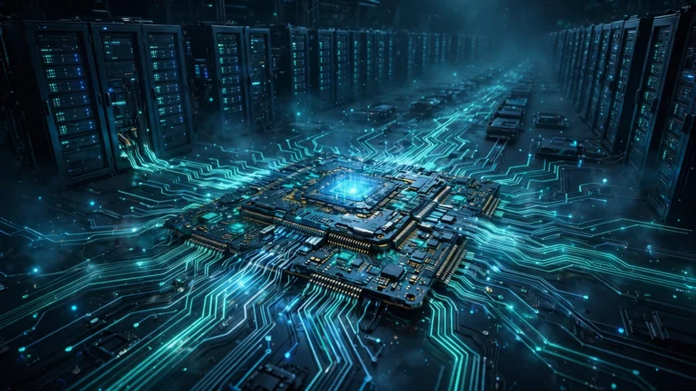 Illustration of a futuristic AI processor chip with glowing circuit traces and data center server racks