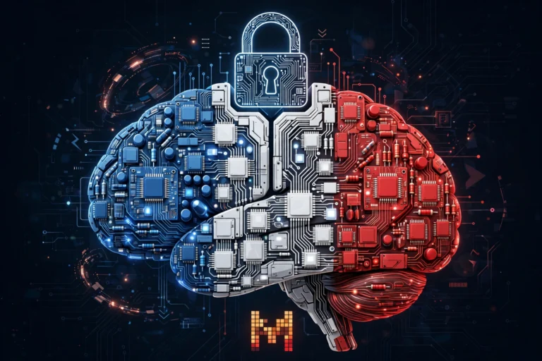 Illustration of an open AI model built from glowing circuit modules, representing Mistral Large 4