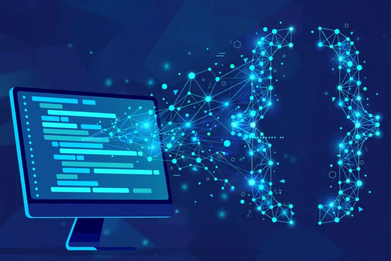 Illustration of an open-source AI model: glowing neural network nodes merging with code brackets