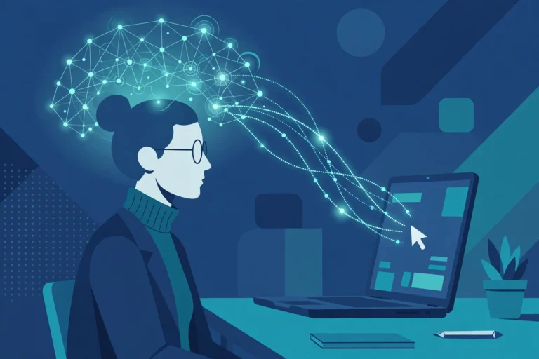 Illustration of a person controlling a computer hands-free through a neural interface concept