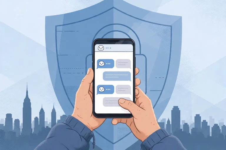 Teenager holding a smartphone with a chatbot conversation, protected by a shield symbol