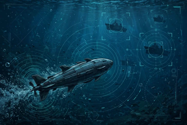 Illustration of an AI-guided torpedo underwater with targeting overlay