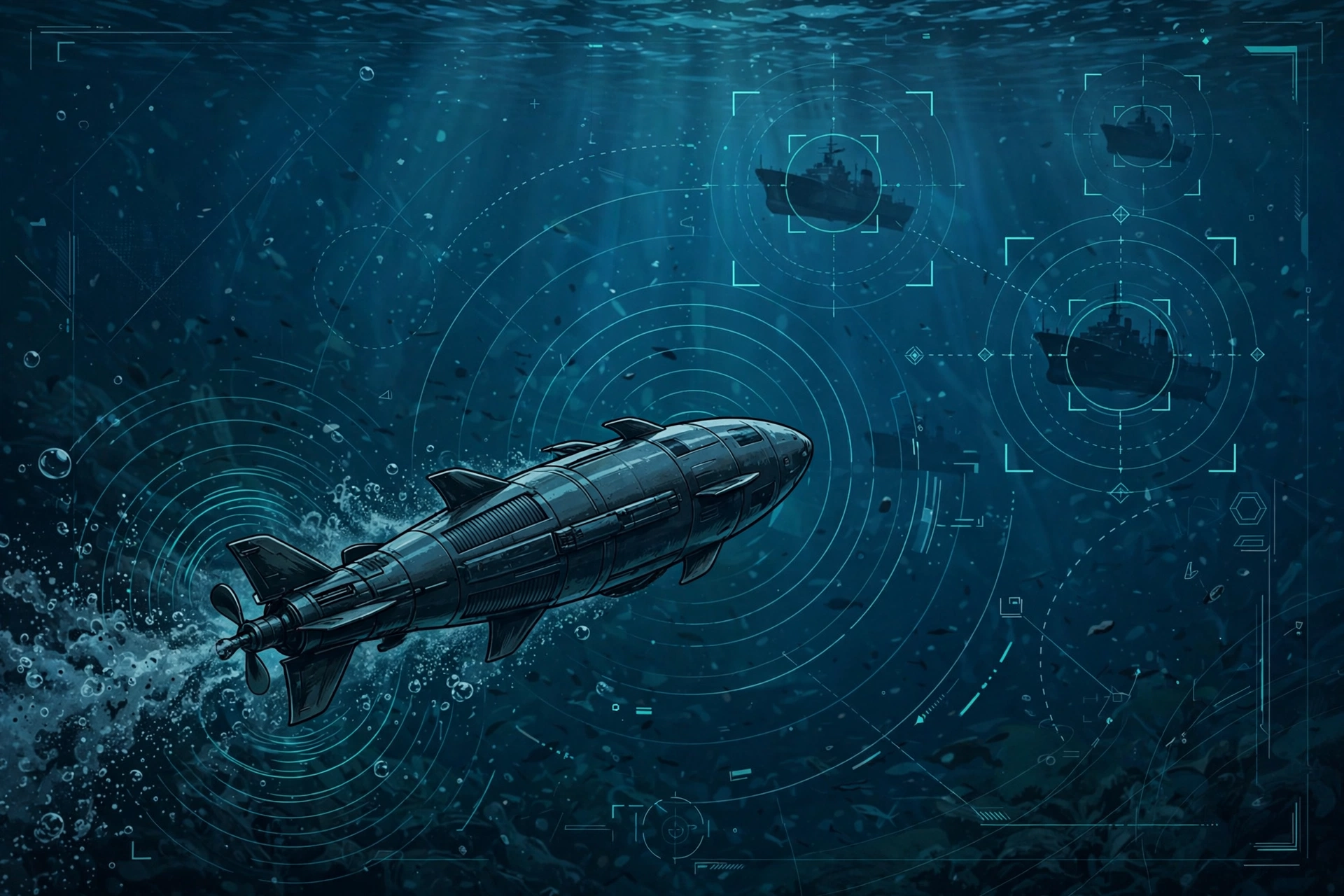 Illustration of an AI-guided torpedo underwater with targeting overlay