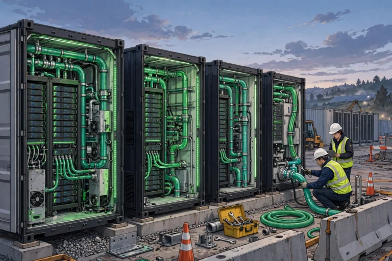 Factory-built container-sized AI data center module with glowing server racks
