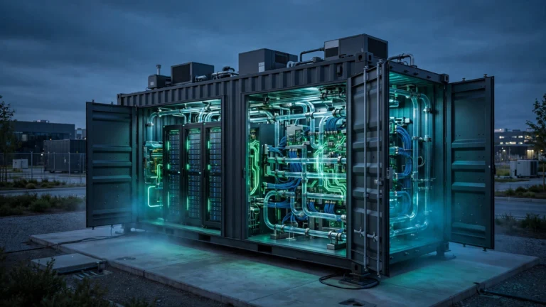 Illustration of Nvidia DSX POD, a shipping-container-size modular AI data center with glowing green server racks, cooling pipes and dense cabling at dusk