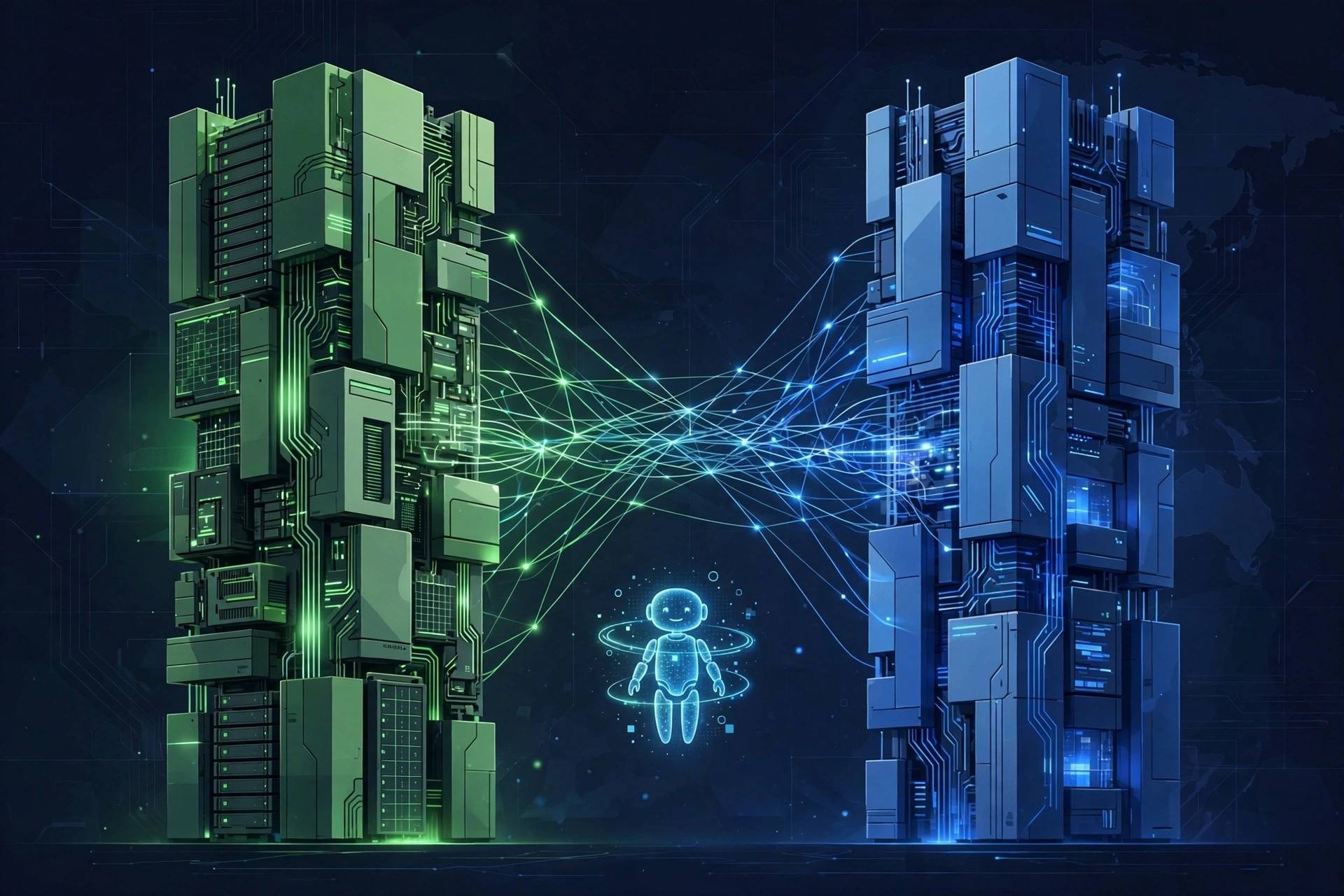 Abstract illustration of two AI data-center towers linked by glowing network lines, representing Nvidia and Meta's Muse partnership