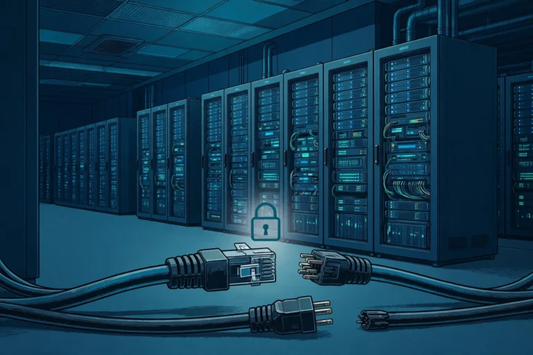 Server racks in a data centre cut off from the outside internet, with a disconnected network cable