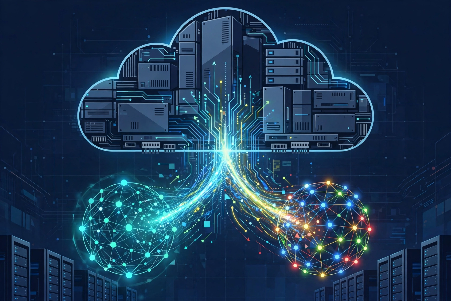 Illustration of OpenAI and Google AI models converging in a cloud data center