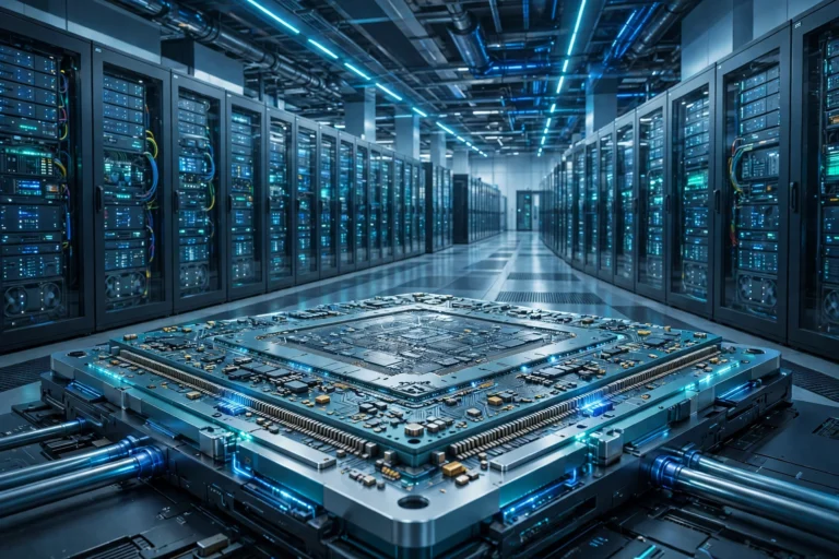 AI data center with server racks and a large computer chip illustrating OpenAI's reported plan to buy Google's TPU chips
