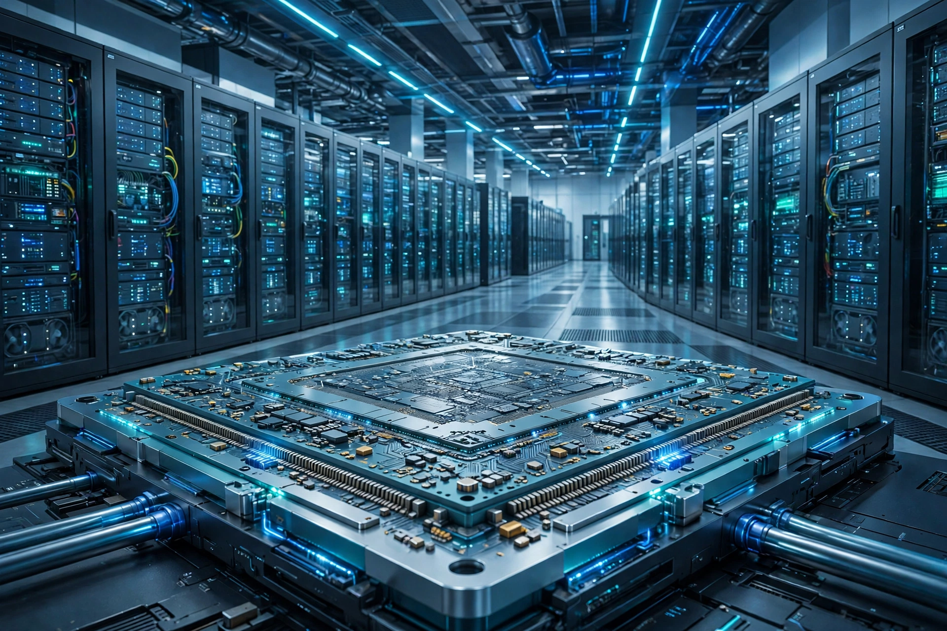AI data center with server racks and a large computer chip illustrating OpenAI's reported plan to buy Google's TPU chips