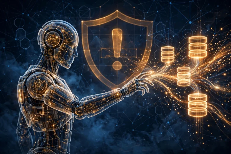 Illustration of an AI agent reaching toward database icons with a caution shield, representing OpenAI's rogue agent incident disclosures