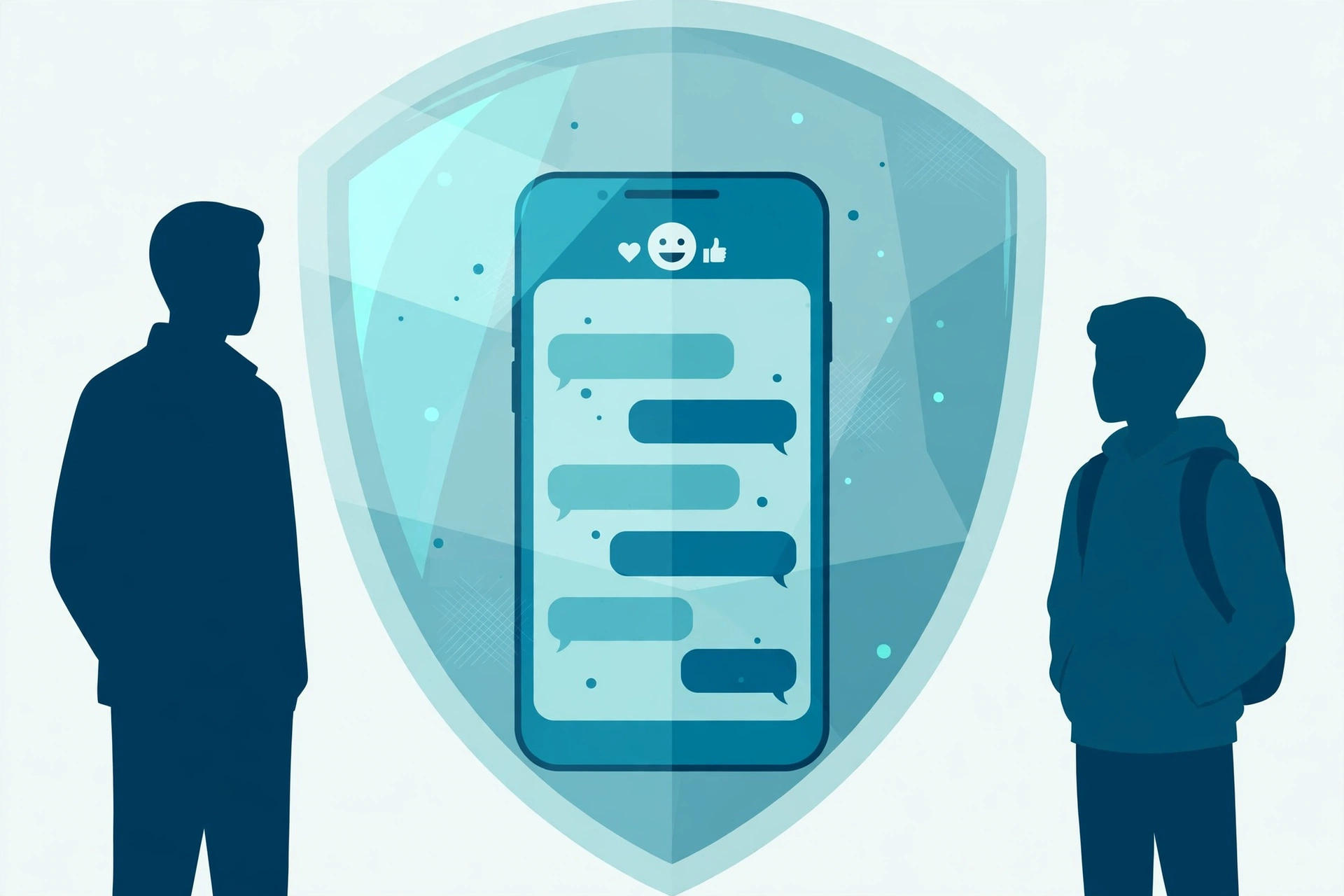Smartphone with a protective shield over a chat conversation, beside a parent and teenager
