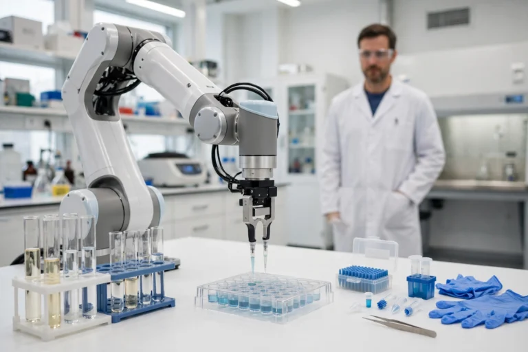 A laboratory robot arm working at a clean lab bench with test tubes and sample plates