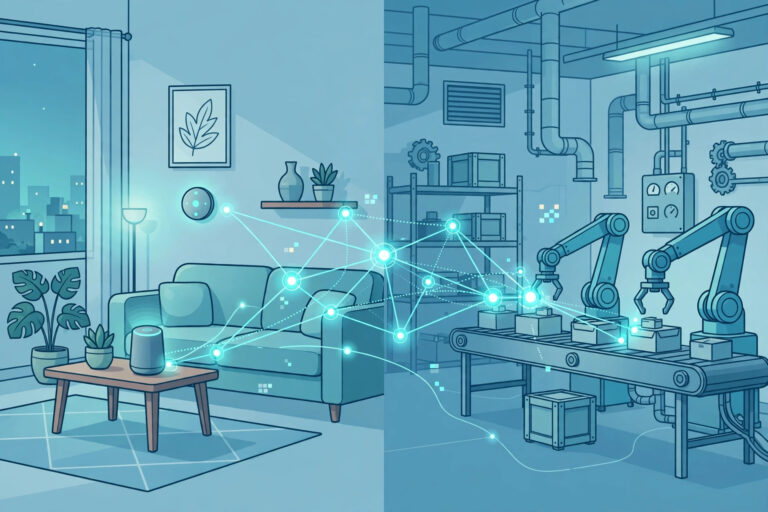 Illustration of smart solutions: a connected smart home and an automated factory linked by a glowing network