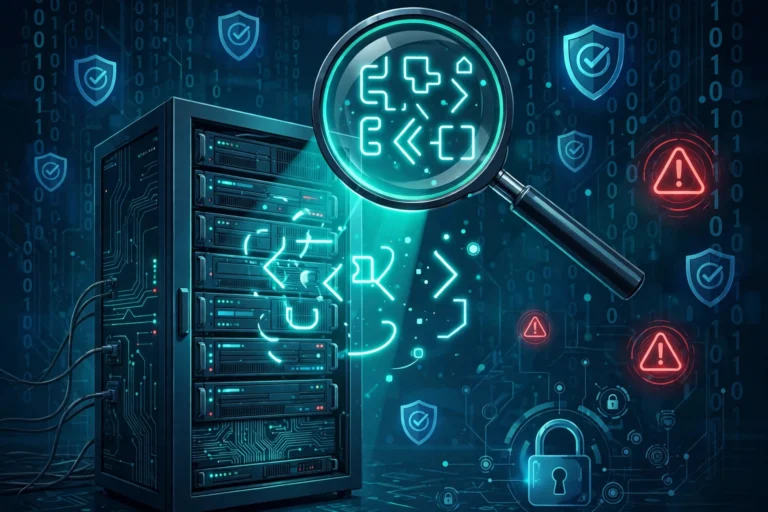 Editorial illustration of PHP server code under a security scan with shield and alert icons, representing the PHP2Shell vulnerabilities